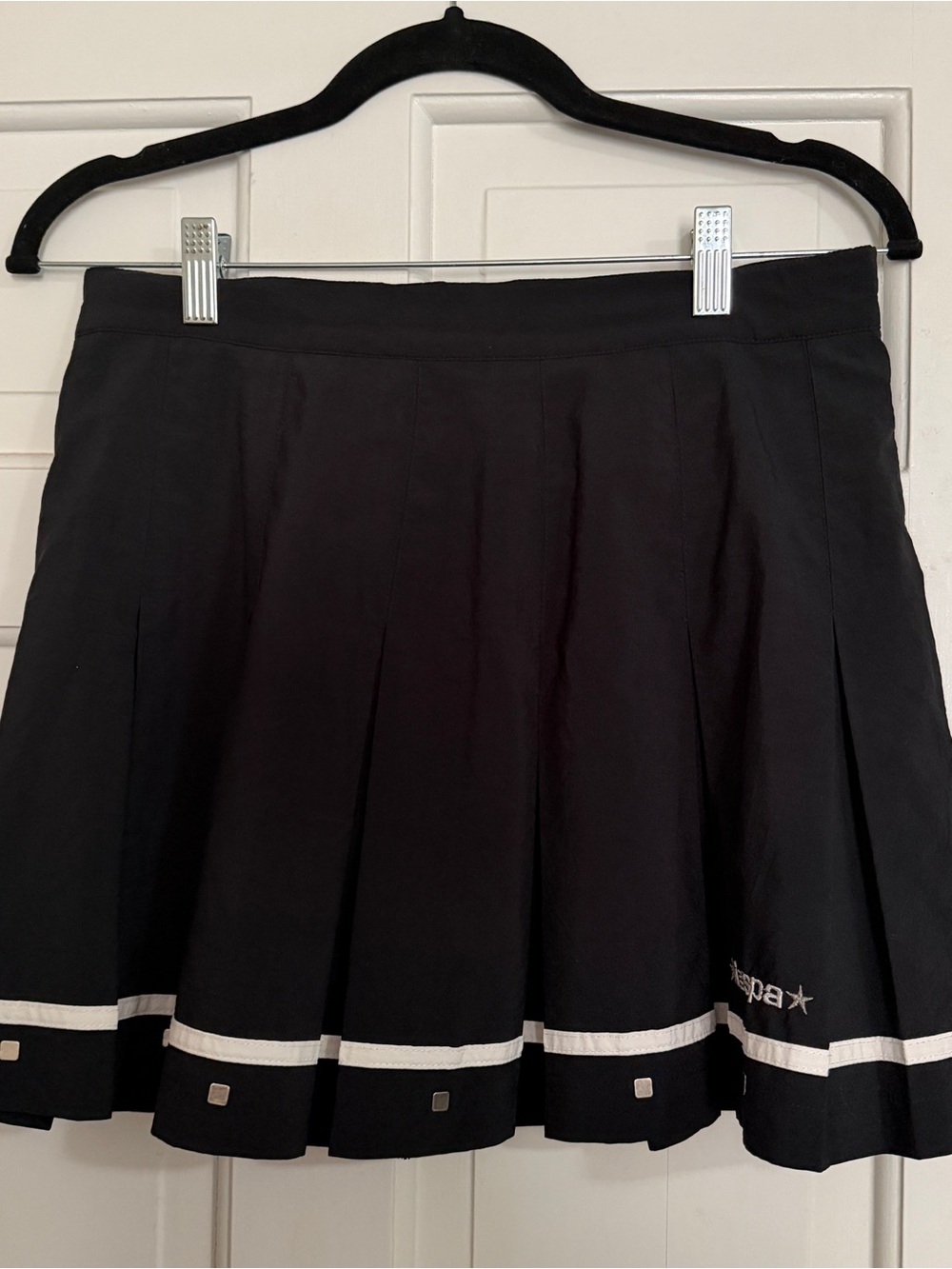 Vintage Y2K Black XSPA Tennis Skirt with White Hem and Pewter Stud Detail